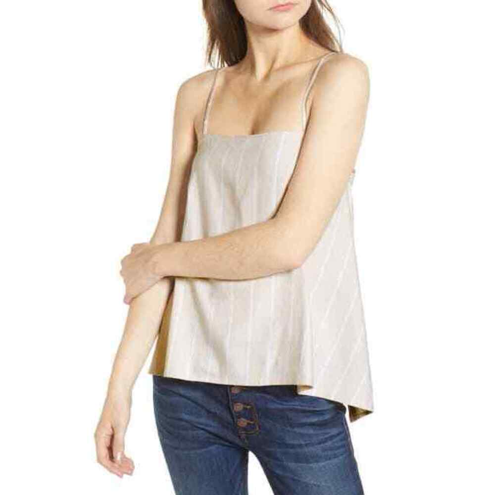 Leith Linen Blend Button Back Sleeveless Camisole Beige Morn Retro Strap Size S